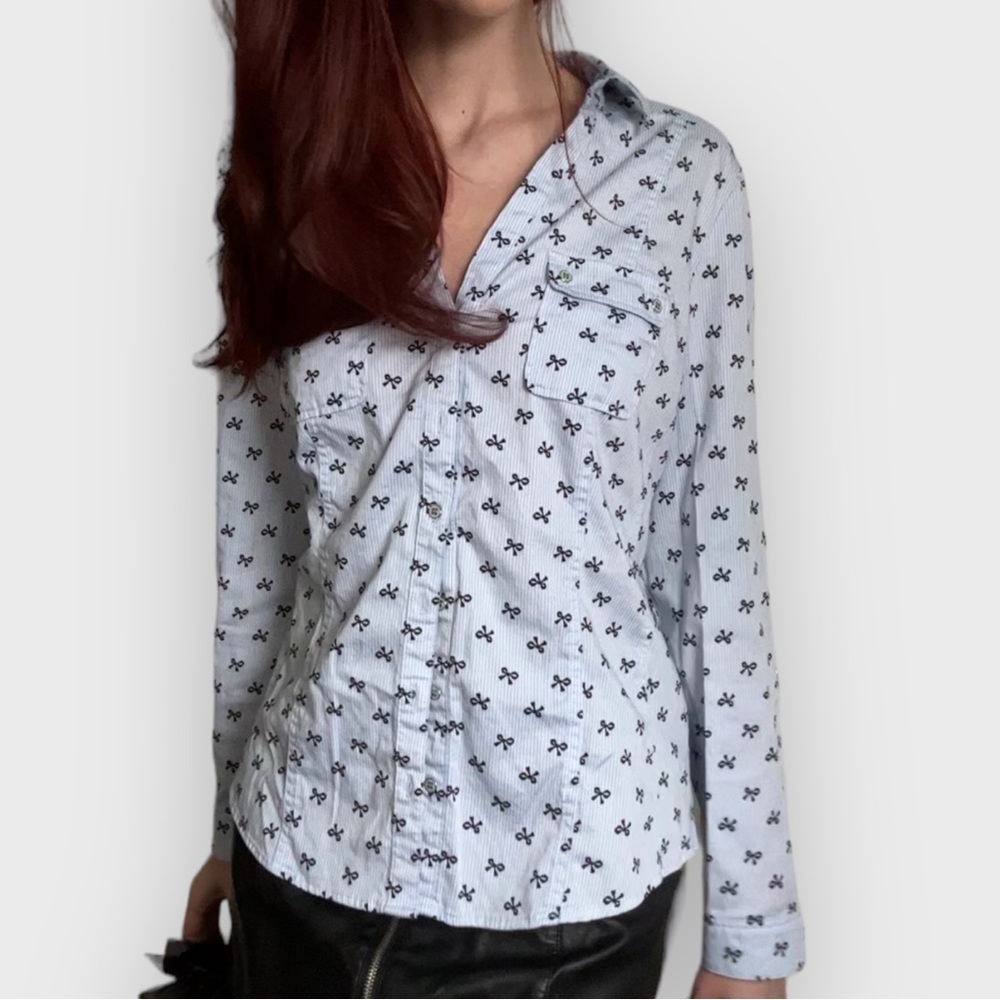 NY&Co Bow Print Button Down - Size XL (True Large)